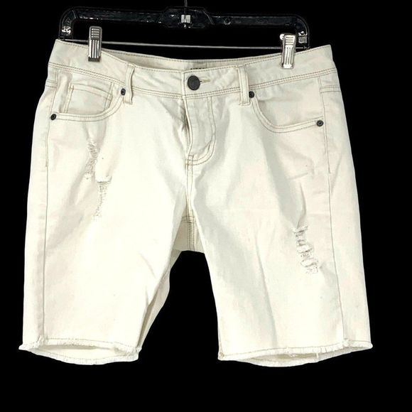 Womens Mossimo Size 11 Jr White Jean Shorts Distress Mid Burmuda Stretch 3246 - Picture 1 of 7